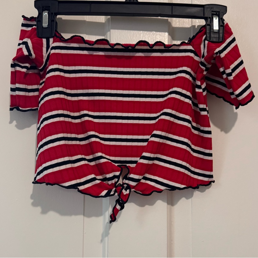 Red and White Off the Shoulder Striped Crop Top, Size: XS